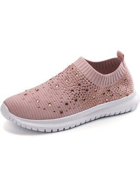 Women's Pink Mesh Rhinestone Glitter Slip On Ballroom Jazz Latin Sock Sneakers